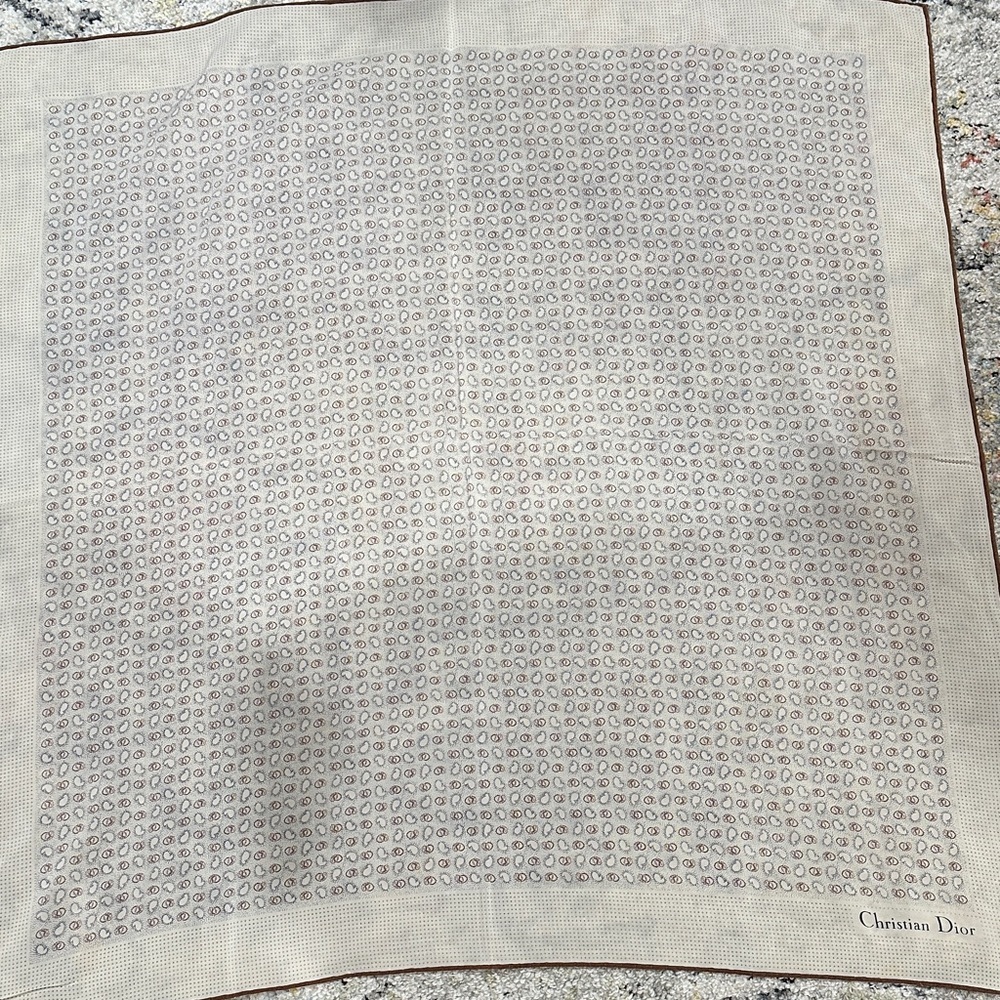 Christian Dior Vintage Silk Cream and Brown Patterned Scarf with Box